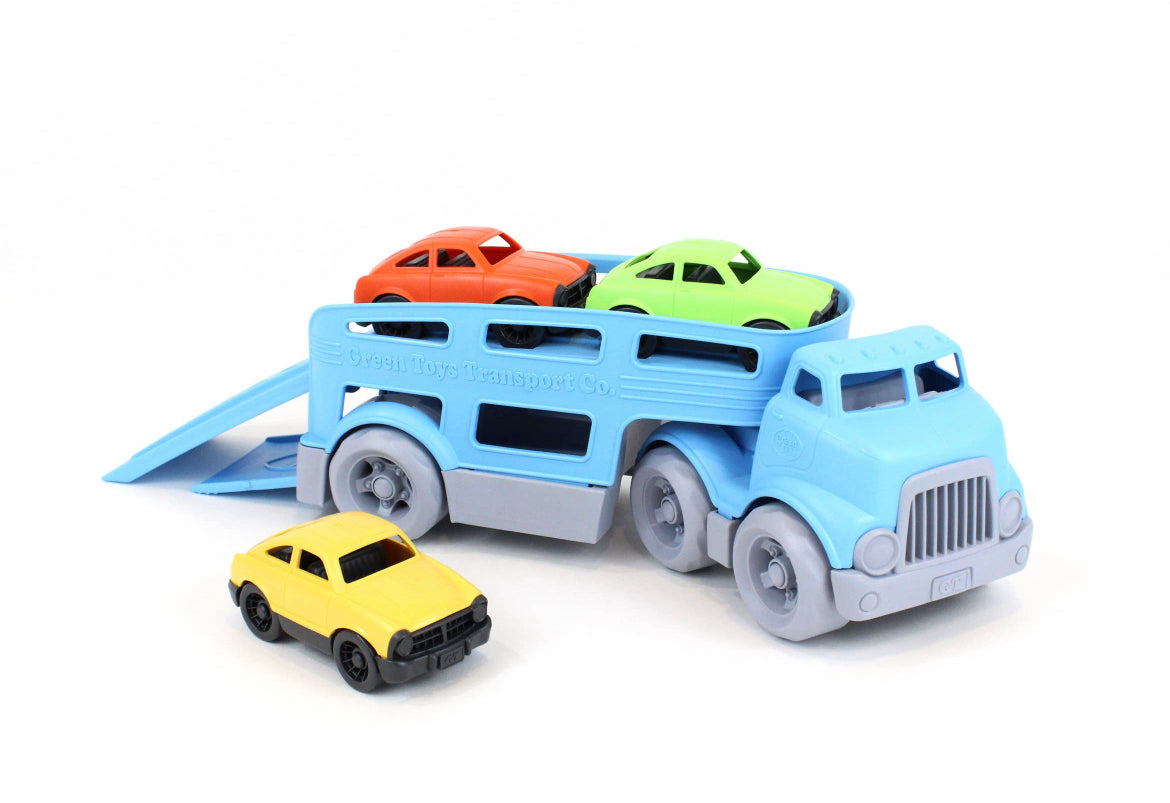 Green toys car carrier with 3 mini cars